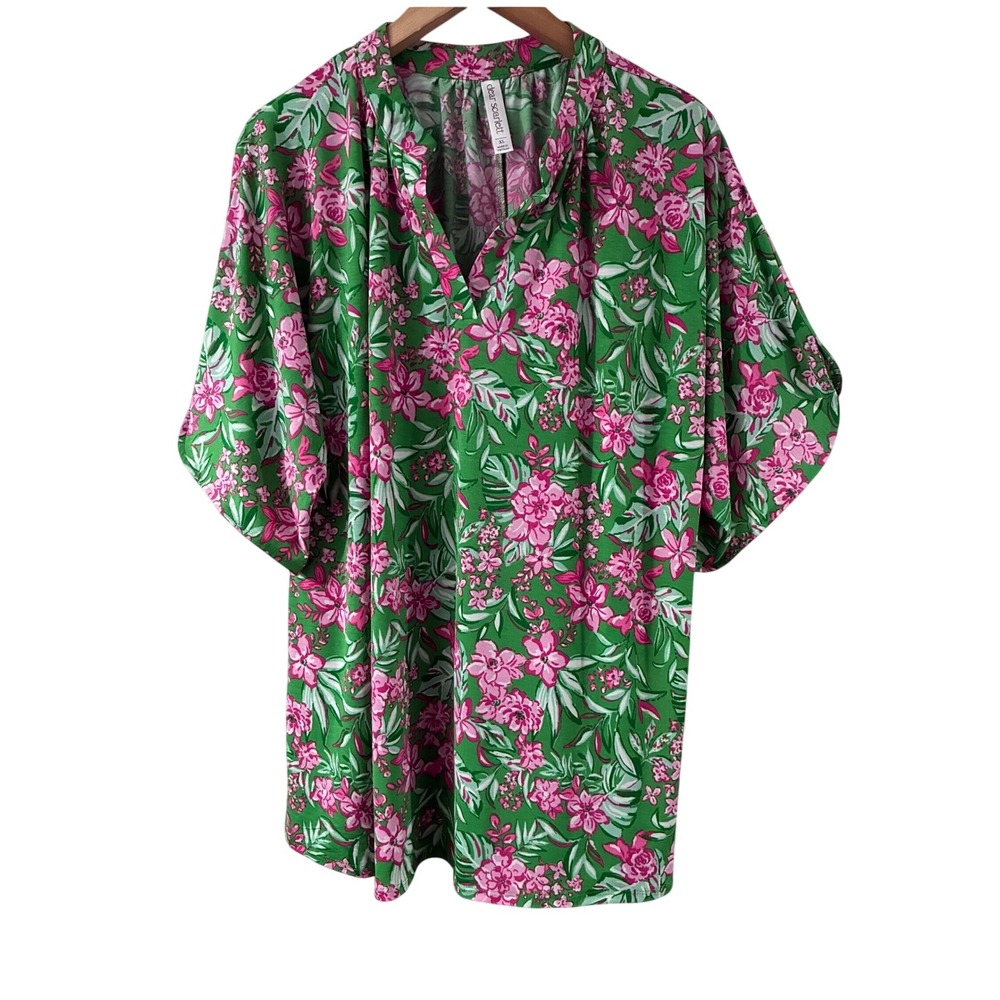 Dear Scarlett Floral Tunic Top Green Pink V-Neck Short Sleeve XL Cottagecore